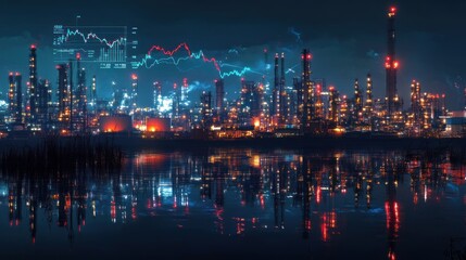 Fototapeta premium Night view of refinery with stock market graph overlay.