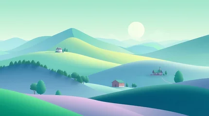 Fototapete Serene Hills at Sunrise: A minimalist, dreamy landscape painting captures the ethereal beauty of rolling hills bathed in the soft glow of sunrise. © Michel