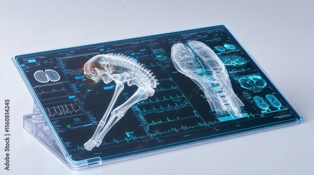 Poster a transparent display shows a skeletal model and data graphics, illustrating anatomical structures a