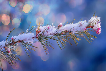 Snow-covered pine branch with frosty needles and colorful bokeh background