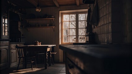 Cozy rustic kitchen interior with sunlit wooden table and vintage decor