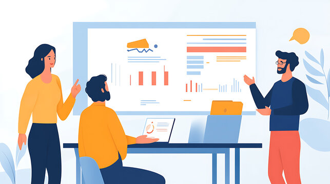 discussing their achievements and goals during a performance review meeting, highlighting collaboration and growth 