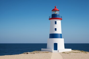 arafed lighthouse on a sandy beach with a blue sky