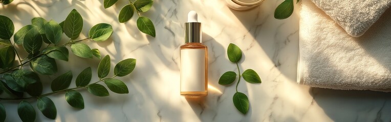 Fototapeta premium Skincare Serum and Spa Accessories on Marble Surface