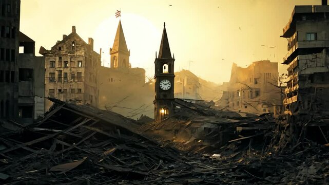A destroyed clock tower amidst the ruins of a city under a dramatic golden sky, symbolizing the passage of time and the aftermath of destruction.