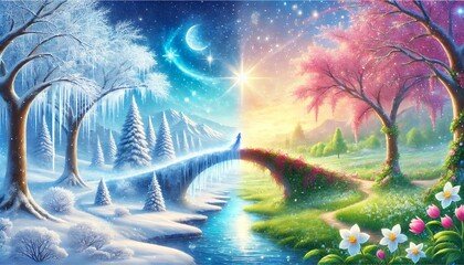 Fototapeta premium A serene horizontal fantasy painting depicting a magical bridge transitioning from winter's icy embrace to spring's vibrant renewal