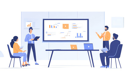 quarterly results to the team in a modern conference room with emphasis on collaboration and future planning 