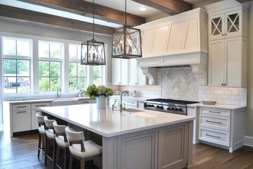 Elegant modern kitchen featuring white cabinetry and a bright, airy atmosphere with wooden beams and stylish lighting.
