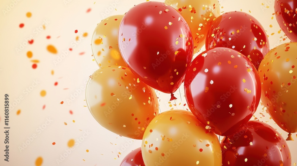 Poster a vibrant cluster of red and gold balloons with confetti floating around, creating a festive atmosph