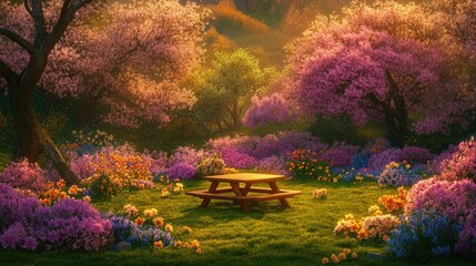 A serene picnic area surrounded by vibrant flowers and trees in a tranquil garden setting.