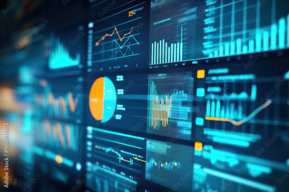 Poster vibrant digital data visualization with graphs and charts in a high-tech style.