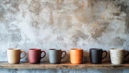 Clean, simple mud pottery mugs displayed in a minimalistic design on a textured surface.