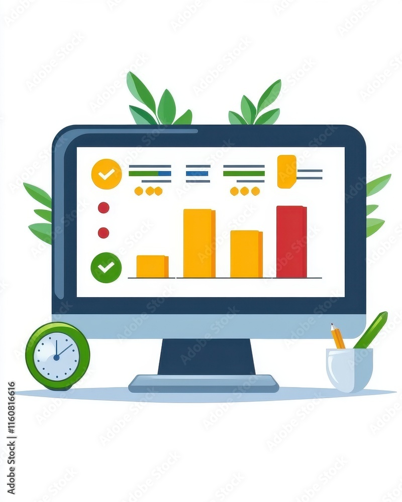 Poster a colorful illustration of a computer displaying data charts, symbolizing productivity and analysis.