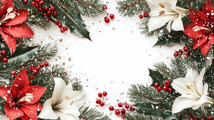 Elegant Christmas Border Featuring Festive Flowers and Greenery Perfect for Holiday Cards and Celebrations, Ideal for Art Deco and Seasonal Designs