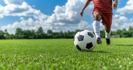 Obraz premium Soccer player strikes the ball on a lush grass field under stadium lights, creating a dynamic moment in an exciting sporting event.