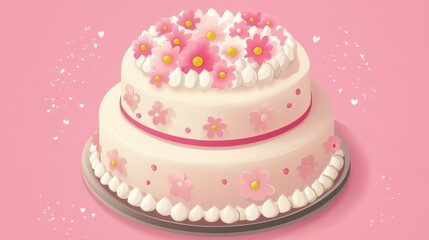 A beautiful two-tiered cake adorned with pink flowers and whipped cream on a delicate pink background.