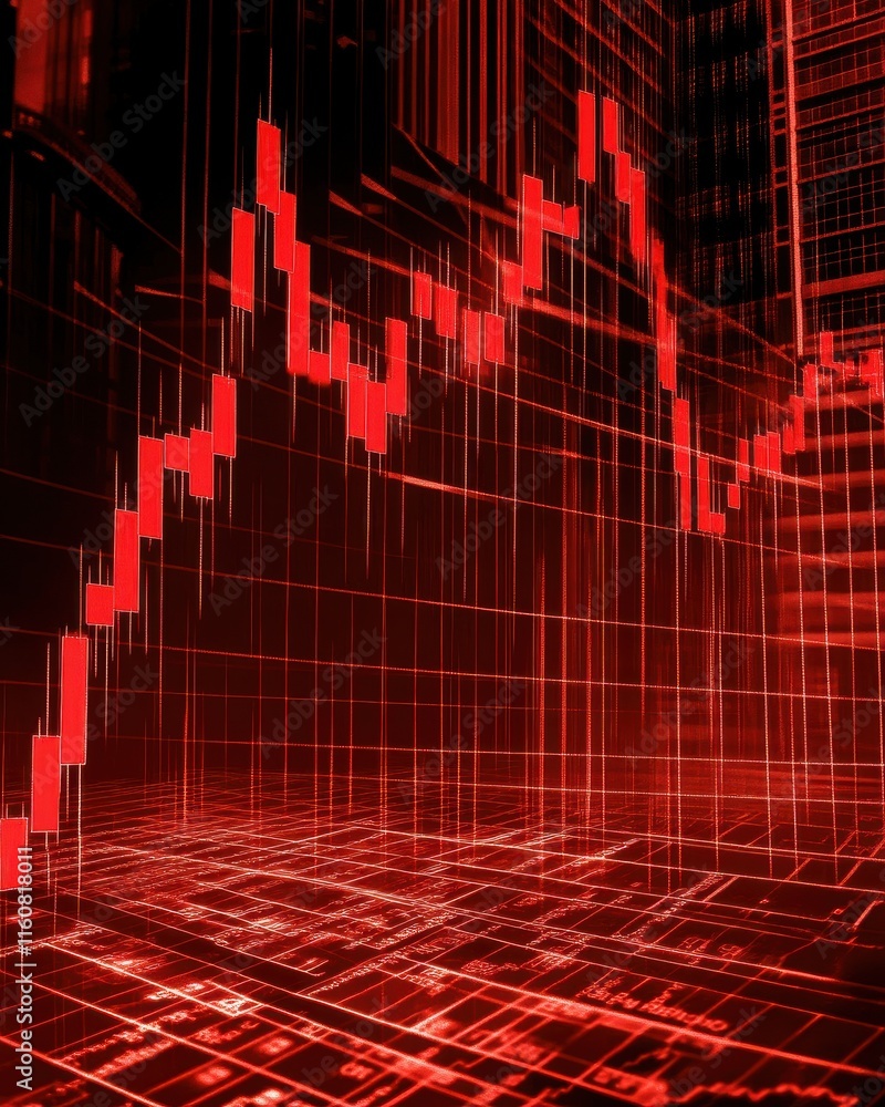 Poster dynamic abstract representation of a stock market decline with red candlestick patterns and gridline