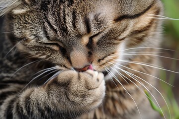 A close-up of a playful and adorable tabby cat grooming itself, showcasing its beautiful fur and expressive features.