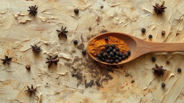 Spices on Wooden Spoon Over Beige Background