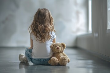 Autistic girl with teddy bear in empty room. Autism concept.