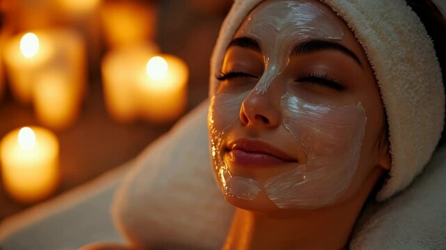 Woman receiving spa facial, relaxing with candles, beauty treatment, skincare concept, wellness and self care, calm and peaceful, pampering herself, luxurious, soft lighting