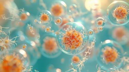 Vibrant Abstract Representation of Neural Network Connections and Biological Cell Structures in a Luminous Aqua Environment with Warm Light  neural network