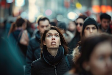 Fototapeta premium Woman with panic disorder in crowded city street.