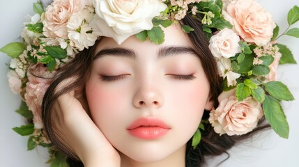 Naklejka premium A serene close-up of a young woman with closed eyes adorned with a floral crown, exuding beauty and tranquility, Ideal for beauty, wellness, or bridal-themed projects,