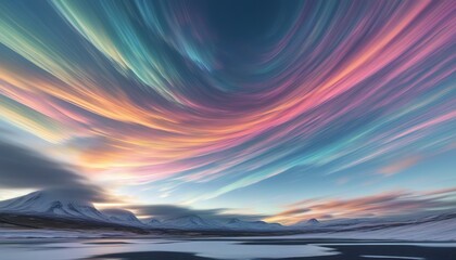 Obraz premium Stunning sunset over snowcapped mountains. Rainbow-hued clouds dominate the sky, creating a breathtaking arctic landscape. Icy waters reflect the vibrant colors.