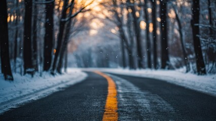 Obraz premium Snow-Covered Road Amidst a Forest in Winter, Symbolizing Tranquility and Beauty