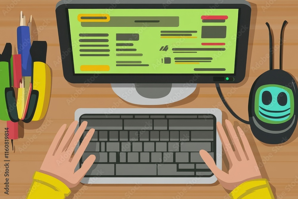 Poster top view of a workspace with a person typing, featuring a keyboard, computer monitor, and colorful s