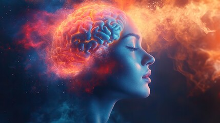 Graphic head thinking with a brain. This image represents knowledge, vision, creativity, and development. The mind symbolizes goals, mindset art, education, and mental health