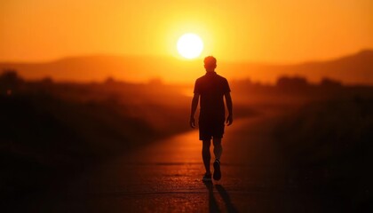 Fototapeta premium Lone Traveler Walking into the Vibrant Sunset Horizon
