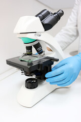 Powerful biological binocular microscope. Diagnostics and biological research