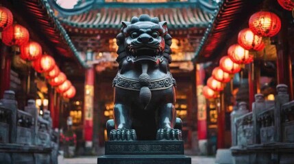 Guardian Lion Statue in a Chinese Temple