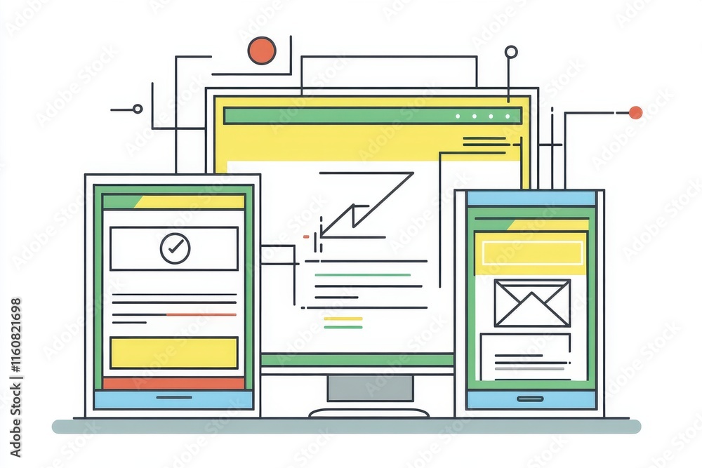 Poster modern devices showcasing user-friendly web design and development interfaces in vibrant colors.