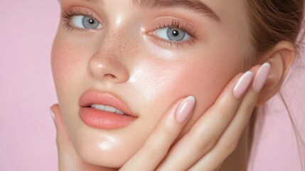 A close-up portrait of a young woman showcasing flawless skin, natural makeup, and elegantly manicured nails against a soft pink background, Ideal for beauty, skincare, and cosmetic advertisements,