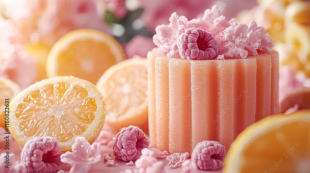Aufkleber pink and yellow dessert with raspberries and lemon slices on top. the dessert is surrounded by raspb