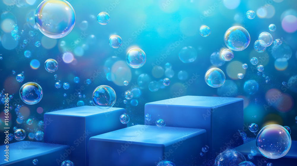 Poster realistic blue podium stage with soap bubbles. realistic 3d vector background with rounded rectangul
