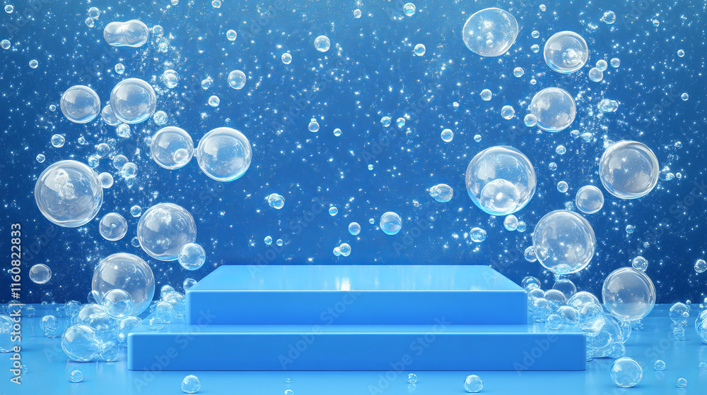 Poster realistic blue podium stage with soap bubbles. realistic 3d vector background with rounded rectangul