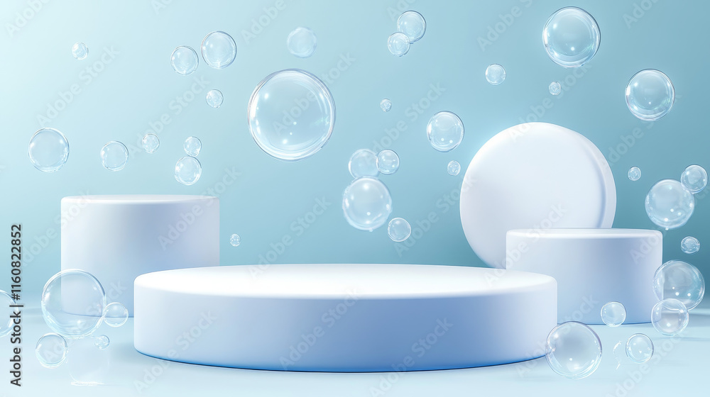 Poster realistic blue podium stage with soap bubbles. realistic 3d vector background with rounded rectangul