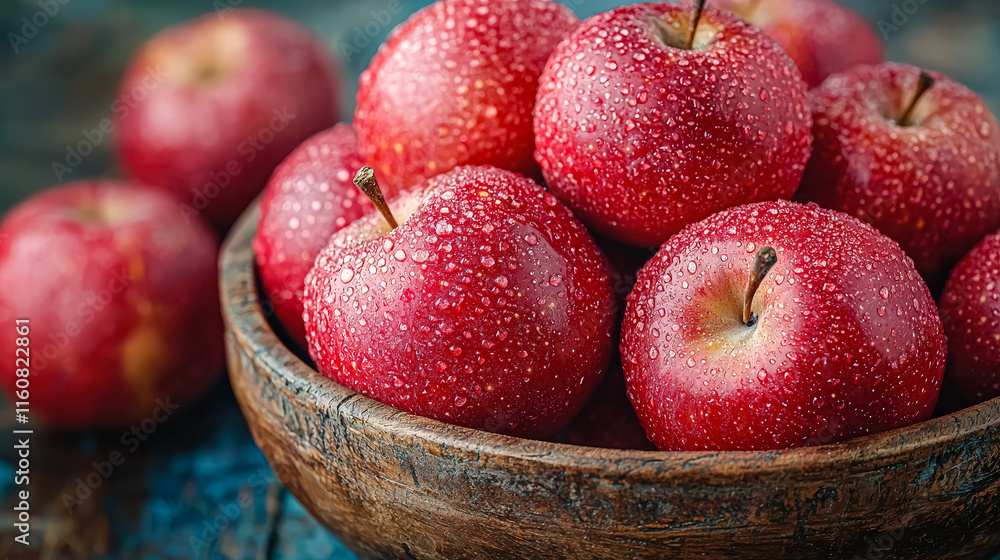 Poster bowl of red apples with a shiny, wet surface. the apples are arranged in a way that they are all fac