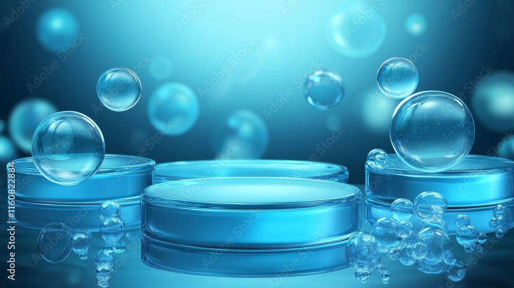Poster realistic blue podium stage with soap bubbles. realistic 3d vector background with rounded rectangul