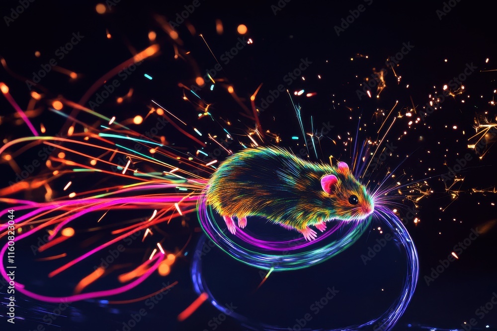 Poster a vibrant, glowing mouse surrounded by colorful sparks in a dark setting, creating a dynamic visual 