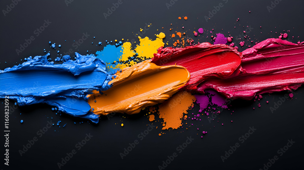 Poster vibrant color swatch, hues intermingle dynamically on dark background. expressive paint strokes crea