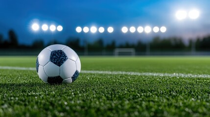 Obraz premium A soccer ball is positioned on the field inside a stadium as bright lights illuminate the surroundings in the evening.
