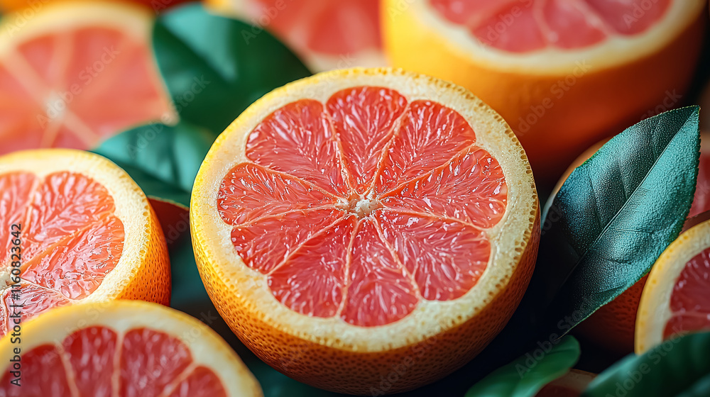 Poster close up of a grapefruit with a slice missing. the grapefruit is surrounded by green leaves