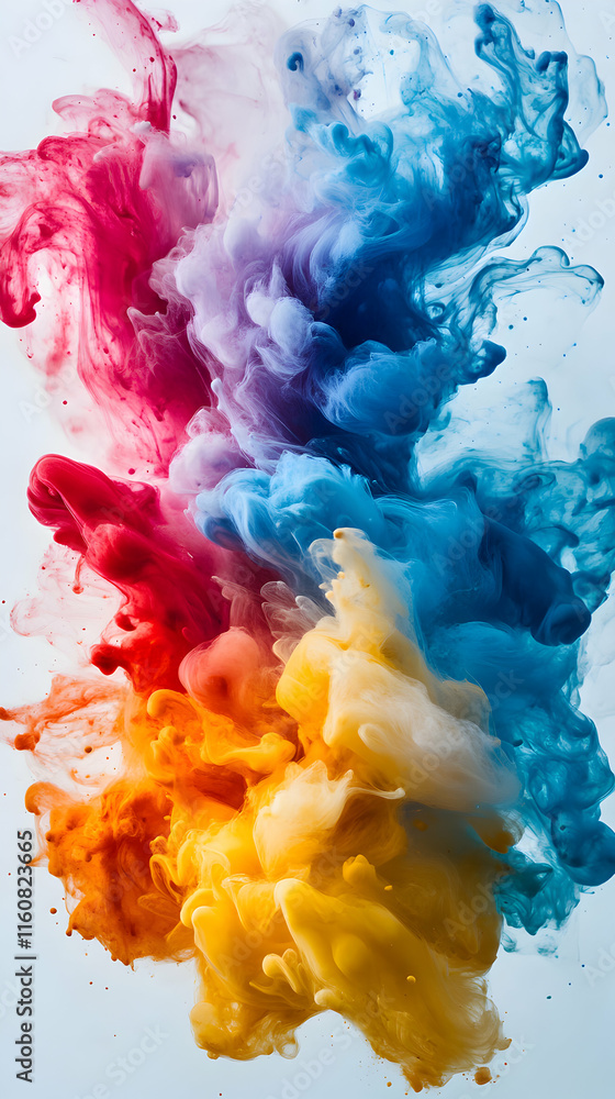 Poster vibrant color explosion, abstract ink swirls in water, creating a kaleidoscopic dreamlike effect wit