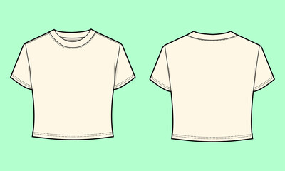 Ladies ecru colour active crop tee vector outline drawing flat sketch. 