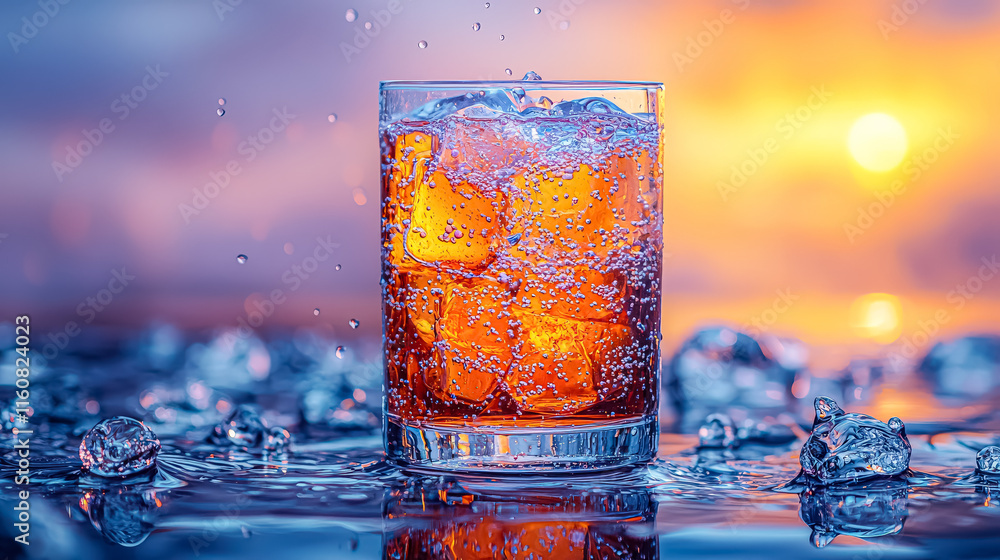 Poster glass of iced tea is sitting on a table with ice cubes in it. the sun is setting in the background, 